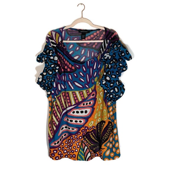 Ashley Stewart Mesh Ruffle Top Sz 26/28 Plus Multicolor Abstract Art to Wear - Picture 1 of 7